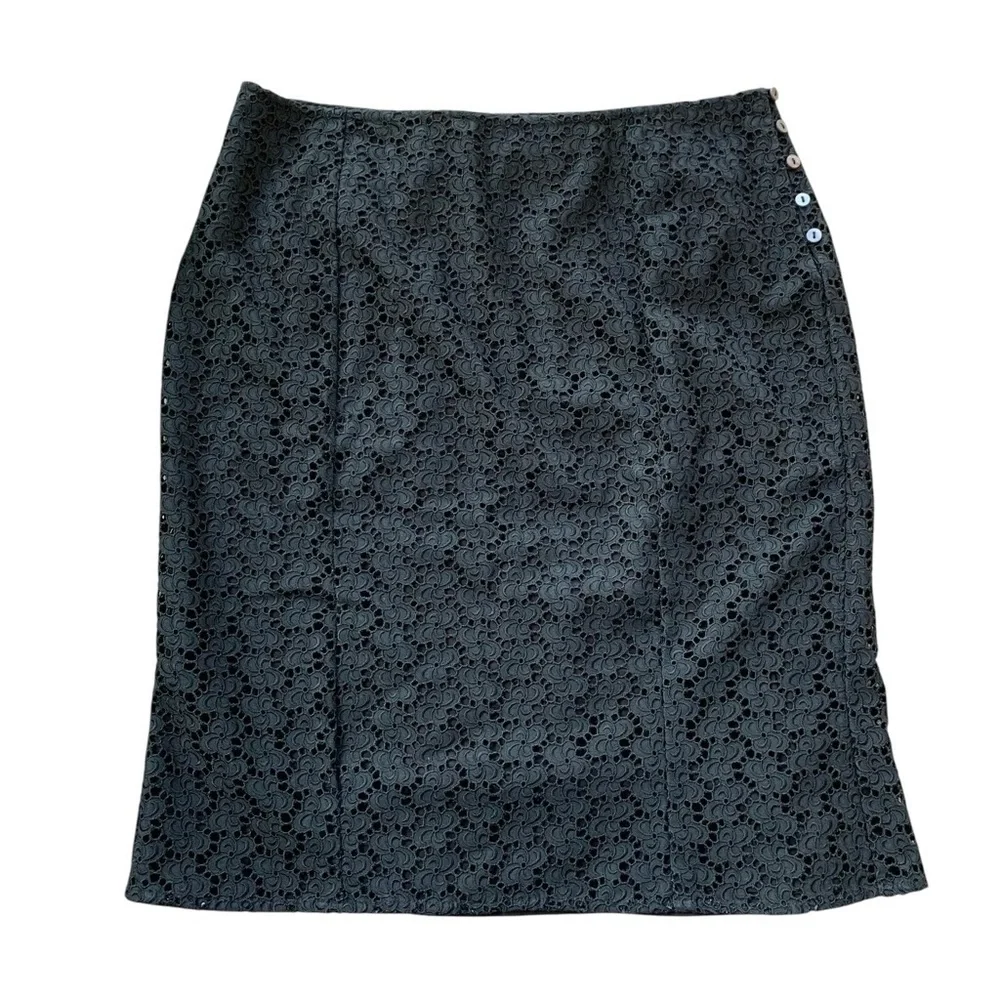 Beth Bowley Anthropologie Eyelet Velvet Trim Buttoned Pencil Skirt Black Size 8